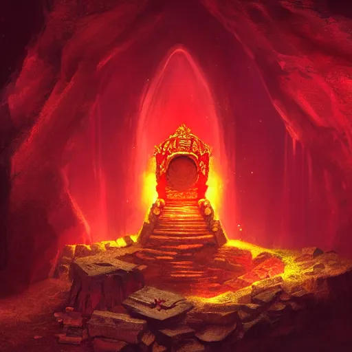 Image similar to a red ruby throne atop a mountain of gold coins and treasure, glowing in a dark cavern, concept art, fantasy, realistic, 8k, moody, atmospheric, artstation award