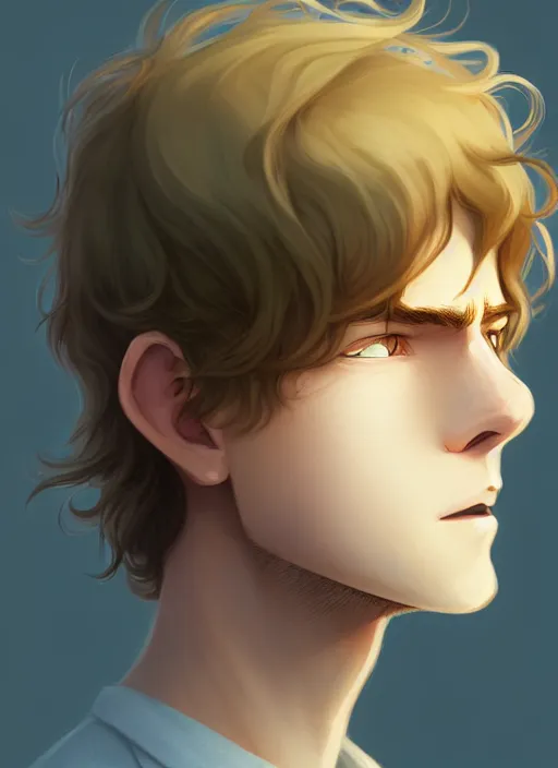 Prompt: young man with medium - length, curly, golden hair, perfectly proportioned face, aquamarine eyes, sorrow, natural lighting, path traced, highly detailed, high quality, cartoon, digital painting, by new haicheng and studio ghibli