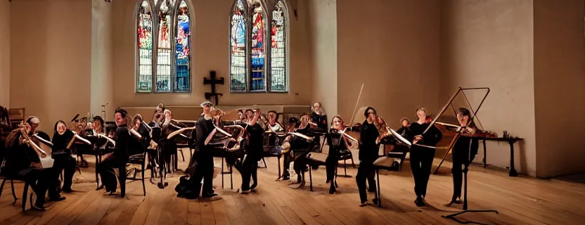 Prompt: a tango orchestra performance in a church, epic, cinematic composition, ultra detailed, 4 k, ultrawide, ( distant shot ), dramatic lighting