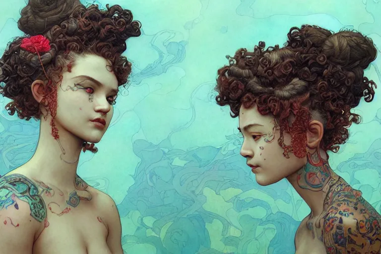 Image similar to a dramatic painting of 19 years old girl figure, curly messy high bun hairstyle, oriental tattoos, artstation, hyperdetailed, cinematic lighting, by James Jean, Moebius, Cory Loftis, Craig Mullins, Rutkowski, Mucha, Kim Jung-Gi, Klimt, highly detailed, few farm green highlights, oil on canvas