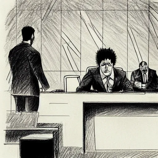 Image similar to hulk at the witness stand in court. pencil court sketch. intricate. highly professionally detailed.