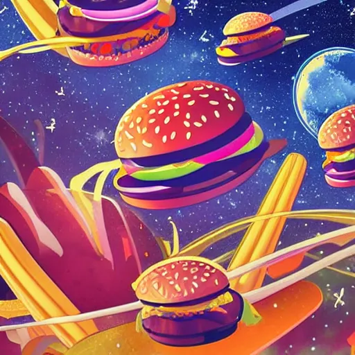 Prompt: a mcdonald's in space, digital art, exquisite detail, vibrant colors, spaceships, hamburgers