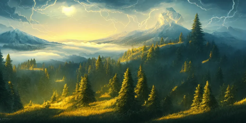 Image similar to fantastic scenery landscape from the top of the mountain, pine trees, green valleys, magic fog and lightning, epic composition, fibonacci ratio, golden ratio, fancy, incredible detailed game artwork, sharpen and ultra quality, trending, artstation, behance, wikiart, 8 k