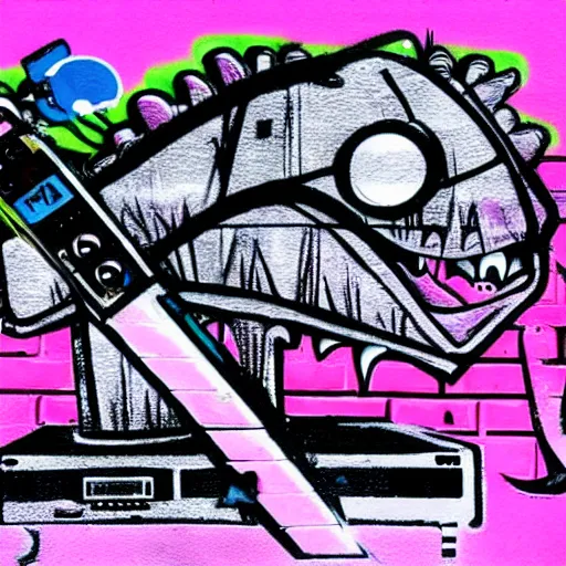 Image similar to 80s graffiti art style marker drawing of a dinosaur holding a synthesizer standing on a large speaker