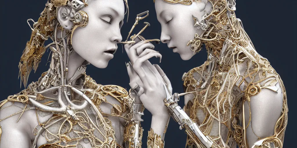Prompt: hyper realistic photography of a stunningly cyborg female, intimate, holding hands, kissing, delicate gold blade, in the style of beth cavener, jin kagetsu,, and wlop, highly detailed, intricate filigree, chrome face symmetry, masterpiece, award - winning, sharp focus, concept art, high key, ambient lighting, 8 k, octane render,