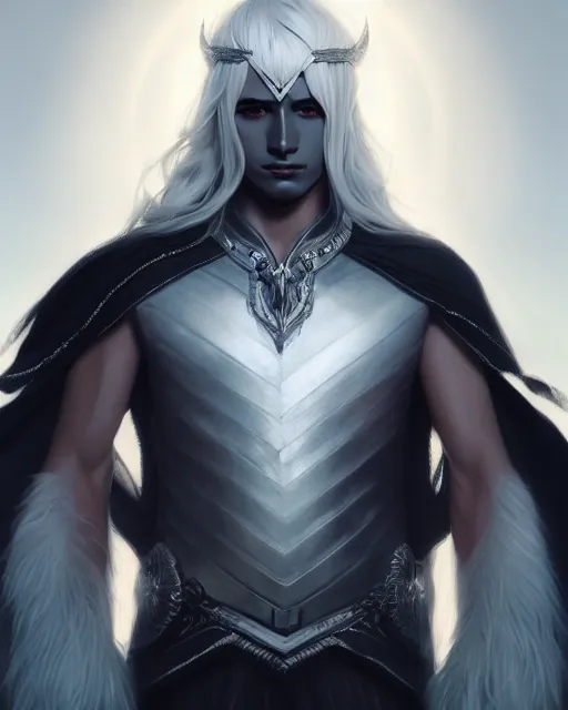 Prompt: portrait, beautiful male drow, long wavy white hair, super detailed, light black armor with silver accenting, silver wreath with sapphires, cape, 8 k, filmic, octane render, sunlight, clouds, artstation, greg rutkowski, rossdraws, william bouguereau, sharp focus