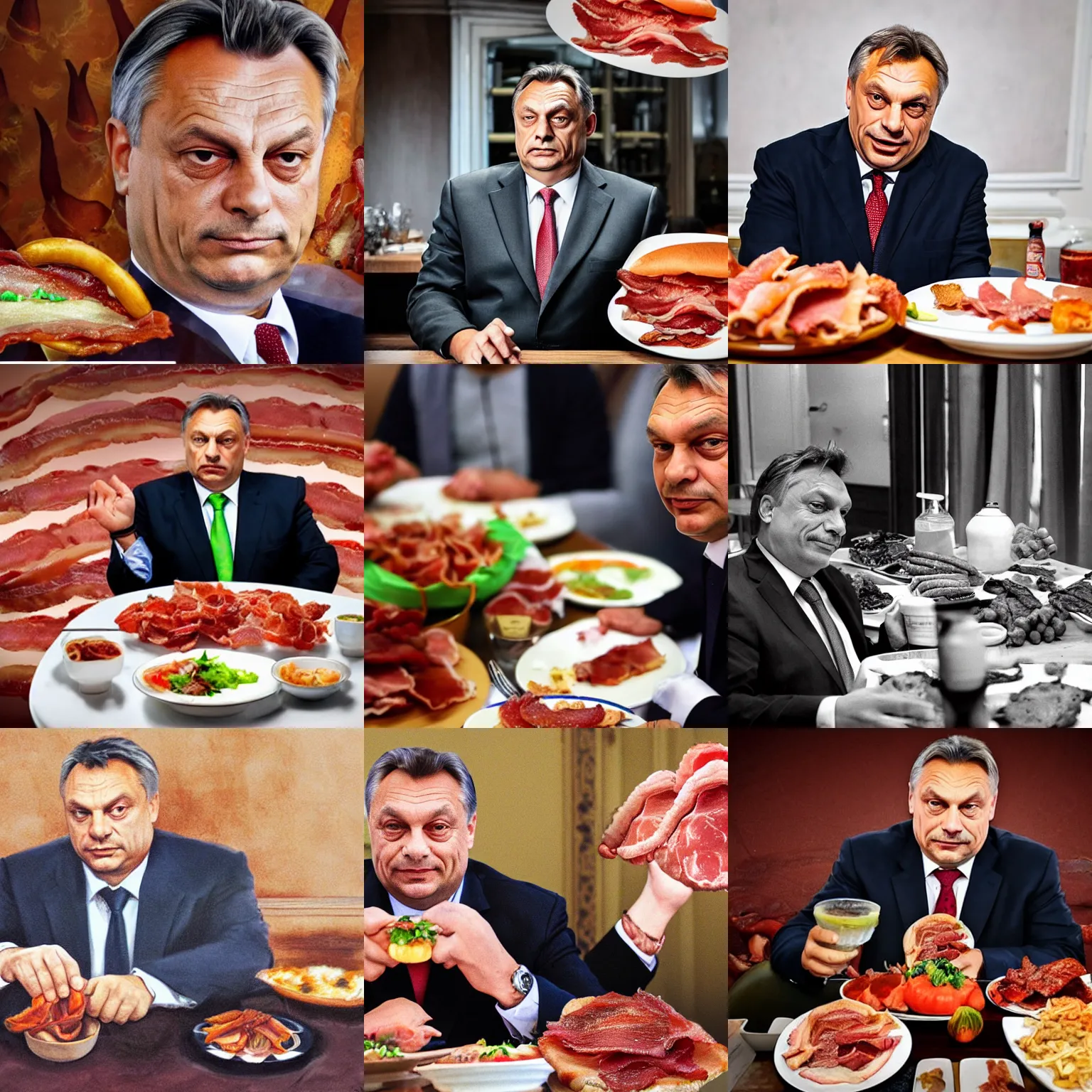 Prompt: portrait of sinister viktor orban sitting behind a table full of bacon