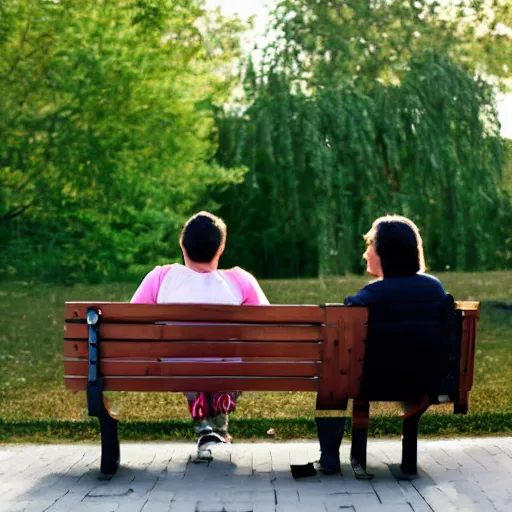 Prompt: a couple sitting on a park bench, bokeh