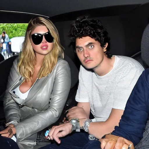 Image similar to kate upton and john mayer are sitting in a convertible driving around while a hip - hop group is playing.