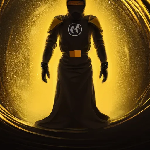 Image similar to award - winning. trending on artstation. cinematic. surreal. 4 k. a person wearing hooded frayed yellow robes and a minimalist steel mask staring while a black hole floats behind them. dark background.