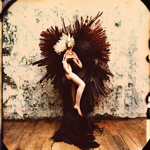 Image similar to kodak portra 4 0 0, wetplate, photo of a surreal artsy dream scene,, girl, weird fashion, grotesque, extravagant dress, carneval, animal, wtf, photographed by paolo roversi style