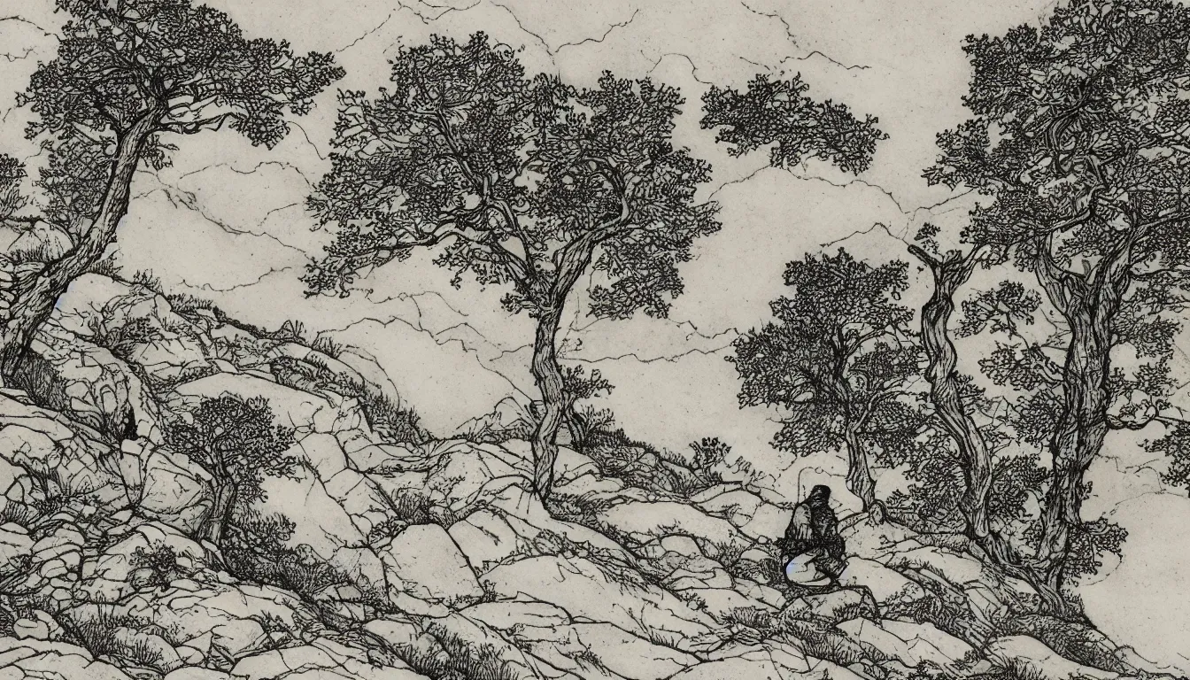 Image similar to a person sits on a mountain side while wind blows through the trees, pen and ink, 1 5 0 0 s, 8 k resolution