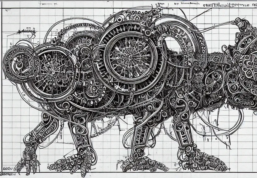 Image similar to schematic blueprint of highly detailed ornate filigreed convoluted ornamented elaborate cybernetic rat, art by da vinci