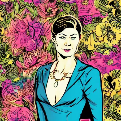 Prompt: rosamund pike with dark - hair as the doctor, wearing a colourful floral pattern three - piece suit, complementary colours, 2 d matte, graphic novel, art by laurie greasley and pepe larraz,