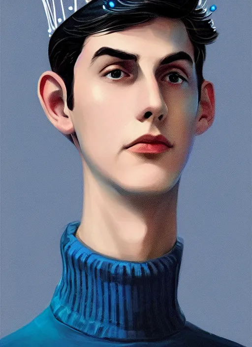 Image similar to portrait of teenage jughead jones wearing a light grey crown, crown, blue turtleneck, 1 9 5 0 s, closed eyes, photorealistic, black hair, glowing lighting, intricate, elegant, glowing lights, highly detailed, digital painting, artstation, concept art, smooth, sharp focus, illustration, art by wlop, mars ravelo and greg rutkowski