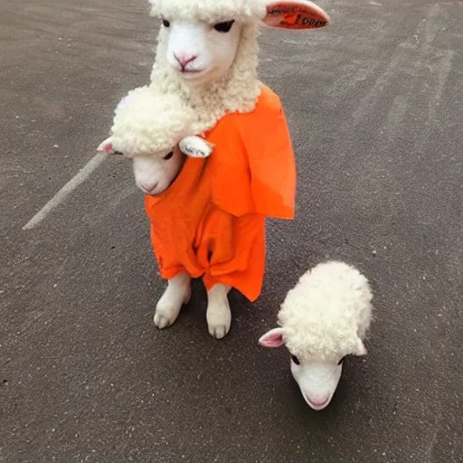 Image similar to cute little sheep wearing orange inmate clothes