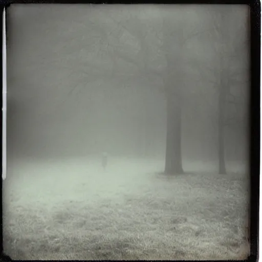 Image similar to the fog is thick shelter for ghosts, polaroid photography in style of andrey tarkovski, eerie, mystical, sublime