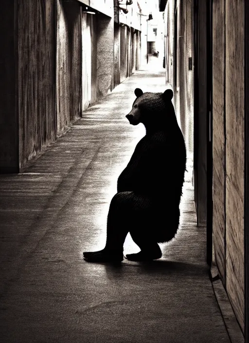 Prompt: bear man waiting in a dark alley, 8k resolution, high detail, reflections, post processing