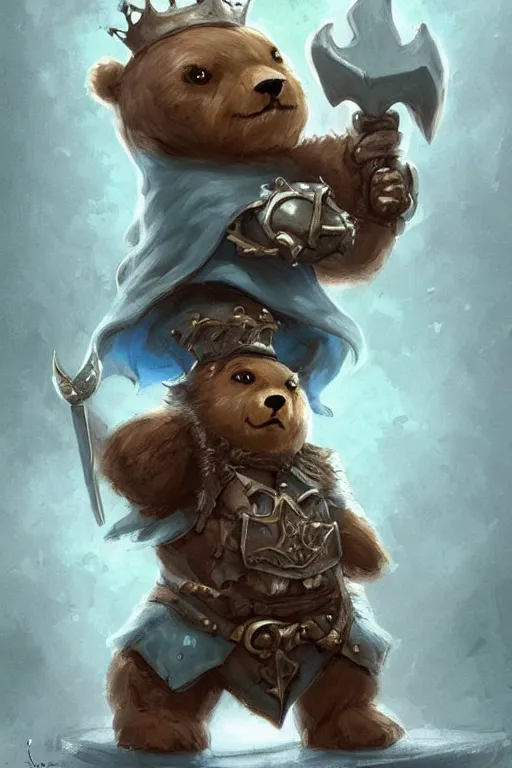 Image similar to cute little anthropomorphic bear knight wearing a cape and a crown, tiny, small, miniature bear, baby animal, short, pale blue armor, cute and adorable, pretty, beautiful, DnD character art portrait, matte fantasy painting, DeviantArt Artstation, by Jason Felix by Steve Argyle by Tyler Jacobson by Peter Mohrbacher, cinematic lighting