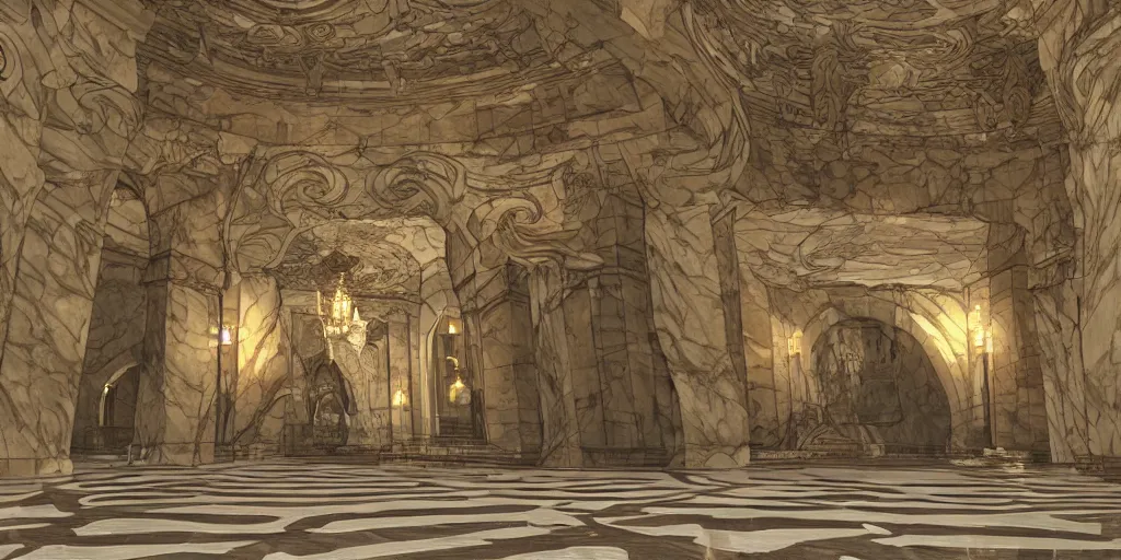 Image similar to the grand magical entrance, matte marble floors, art by kotaro chiba, volumetric lighting, epic composition