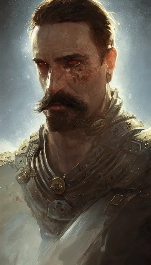 Prompt: Portrait of a middle aged knight with a large moustache, male, detailed face, fantasy, highly detailed, cinematic lighting, digital art painting by greg rutkowski