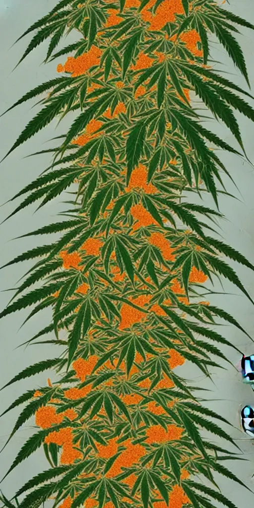 Image similar to A modern fine-art Chinese shanshui painting of cannabis tree with dank buds ready to harvest, full of amber trichome