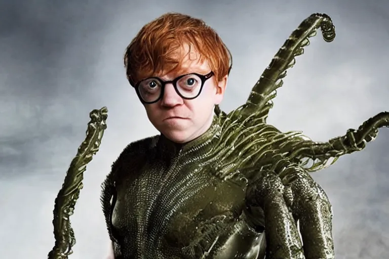 Image similar to Rupert Grint as Doc Ock, Multiple long menacing metal clawed arms from his back, intimidating stance