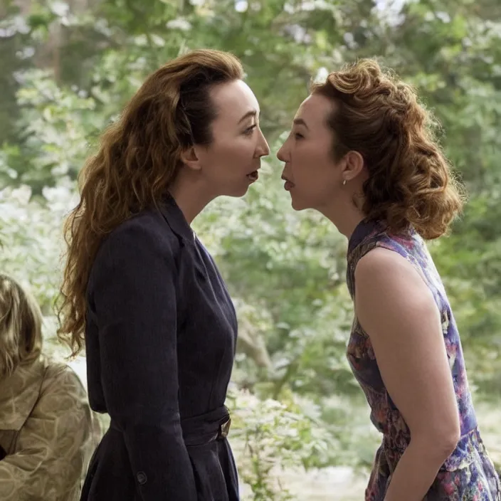 Image similar to jodie comer and sandra oh kiss, beautiful movie stills