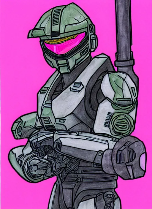 Prompt: master chief drawn with markers on a pink background