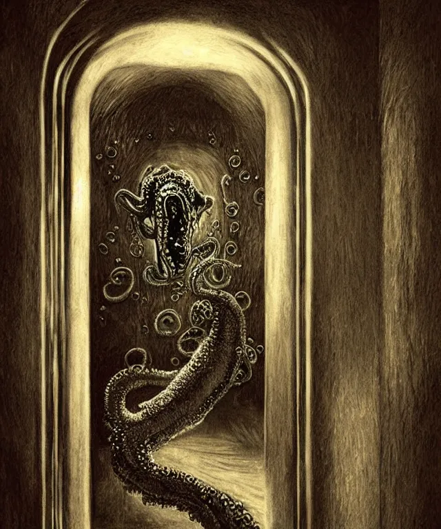 Image similar to horrifying photorealistic painting of a 1 9 2 5 hotel elevator lobby, elevator doors look like a mouth, with a tentacle - shaped tongue, licking out, dark, atmospheric, brooding, smooth, finely detailed, cinematic, epic, lovecraft, in the style of lee gibbons