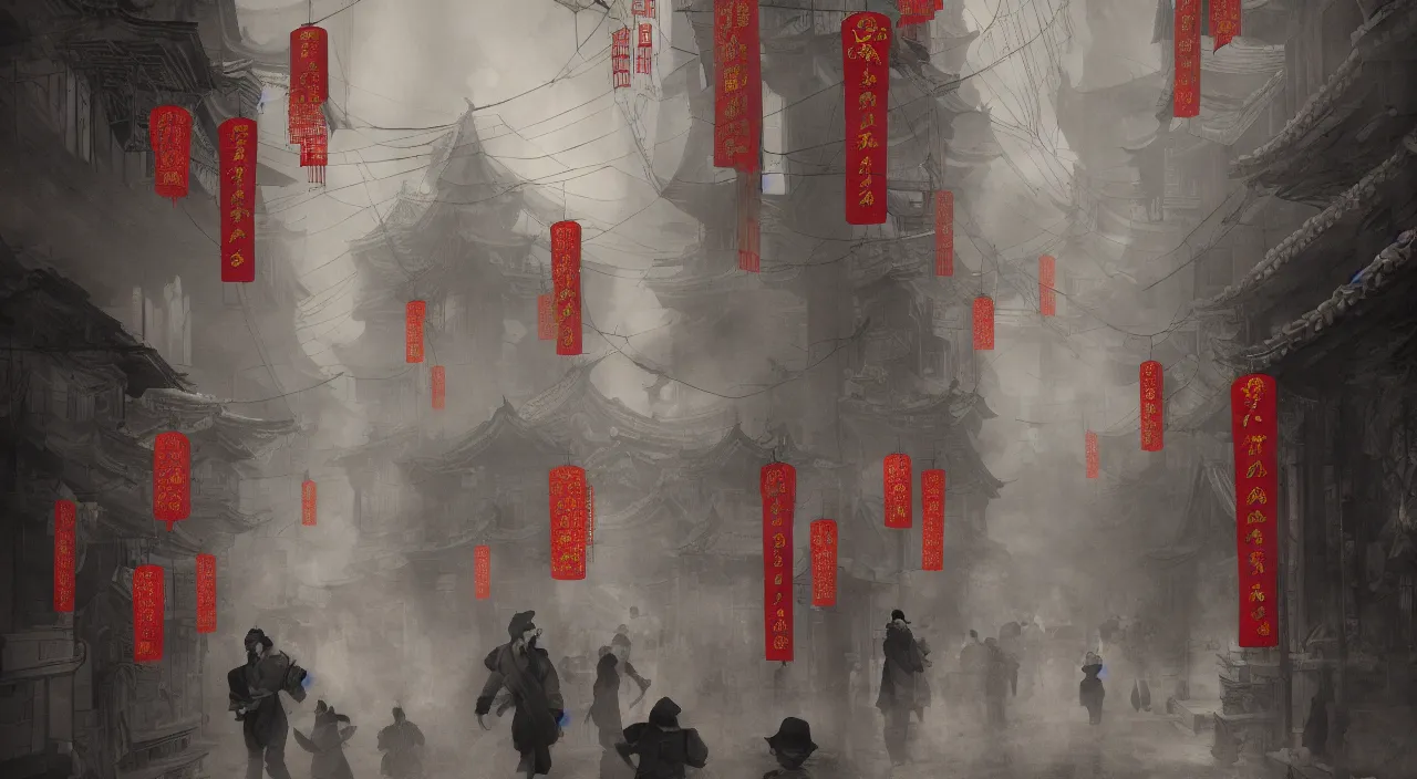 Image similar to on the night of the chinese new year's day, many chinese ghosts wander in the ancient chinese streets. the guiding line composition method, the tindal effect, the soft light, the cool color, by wu jinyuan, trending on artstation