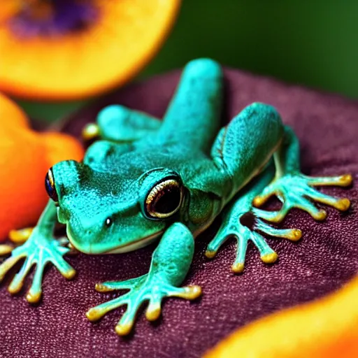 Prompt: photo { teal frog } with orange!! eyes