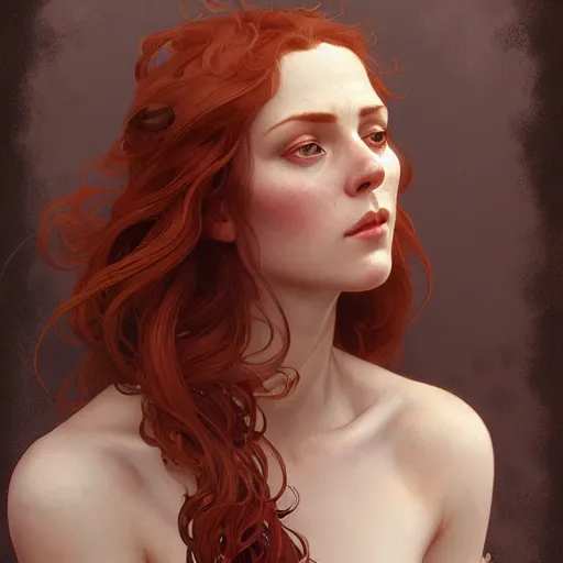 Image similar to A full portrait of Nordic female, 30 years old, brown red long hair, intricate, elegant, highly detailed, digital painting, artstation, concept art, smooth, sharp focus, illustration, art by Krenz Cushart and Artem Demura and alphonse mucha
