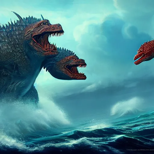 Image similar to Battle of two godzillas in the sea, very detailed, very realistic, artstation