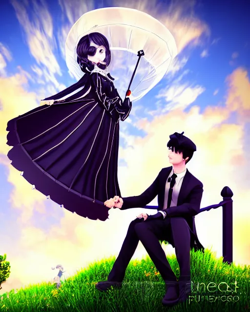 Image similar to a gothic lolita gown woman with a parasol and gothic lolita man with a suit and tie sitting on a cloud surrounded with cibi angles and by the gates of heaven 3 d digital art