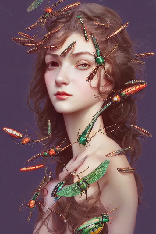 Image similar to hundreds of beetles lined up as a beautiful girl, highly detailed, digital painting, artstation, sharp focus, illustration, art by tan zi and ayanamikodon and alphonse mucha and wlop