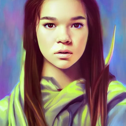 Image similar to realistic Portrait painting of a Hailee Steinfeld as Garo from Japan, made by Gustave Courbet, physical painting, Sharp focus,digital art, bright colors,fine art, trending on Artstation, unreal engine.