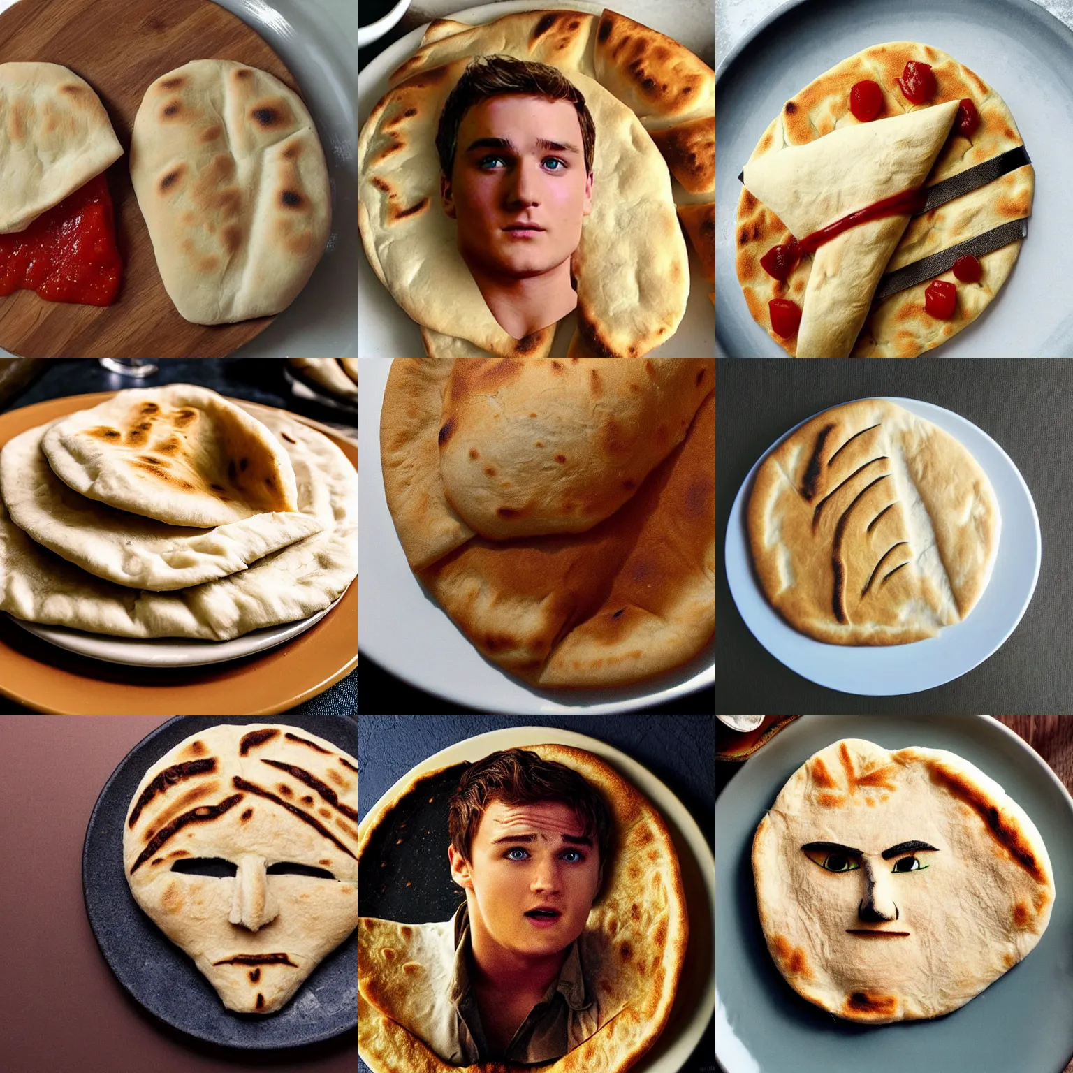 Prompt: a photo of a pita bread on a plate that looks identical to the face of josh hutcherson, octane