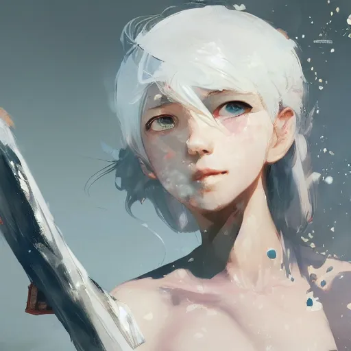 Prompt: white - haired young girl in front of a fan cooling off from a hot day by dustin nguyen, akihiko yoshida, greg tocchini, greg rutkowski, cliff chiang, 4 k resolution, trending on artstation