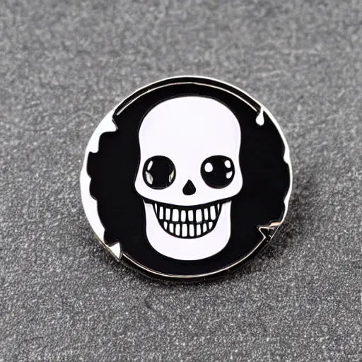 Prompt: a black and white retro minimalistic wide smiling happy skull enamel pin