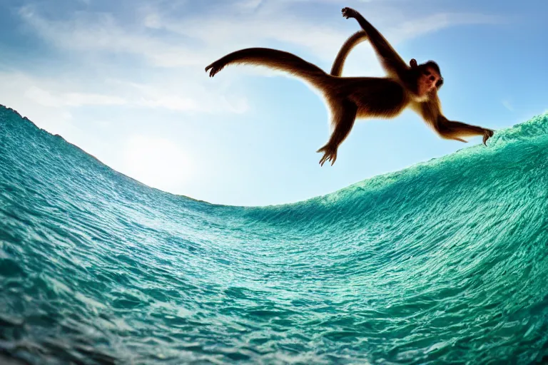 Image similar to monkey surfing on a green sea wave, comicbook, natural lighting, wide angle lens, baby blue color, dof