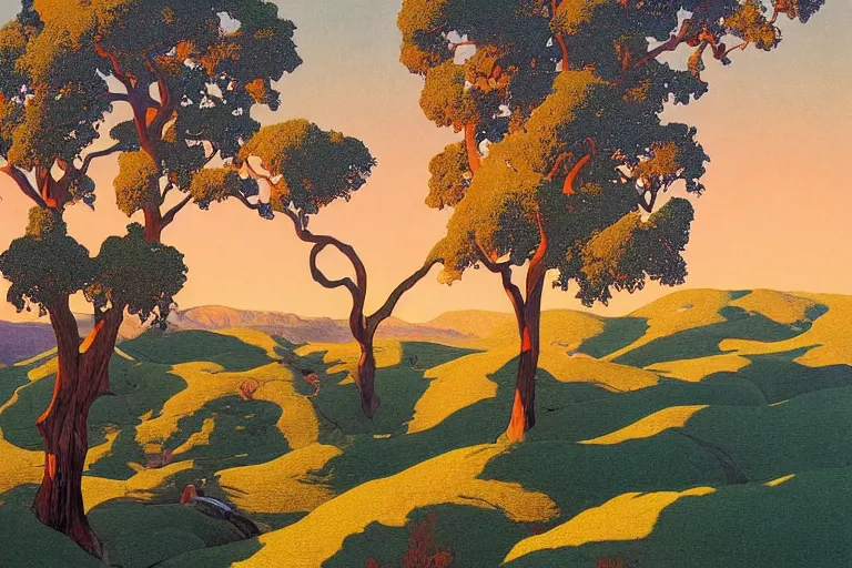 Prompt: masterpiece painting of california hills in the summer, by a. j. casson and john watkiss and edward okun and erin hanson and victo ngai and dan munford and maxfield parrish and j. c. leyendecker and andreas rocha, oak trees and dry grass, dramatic lighting