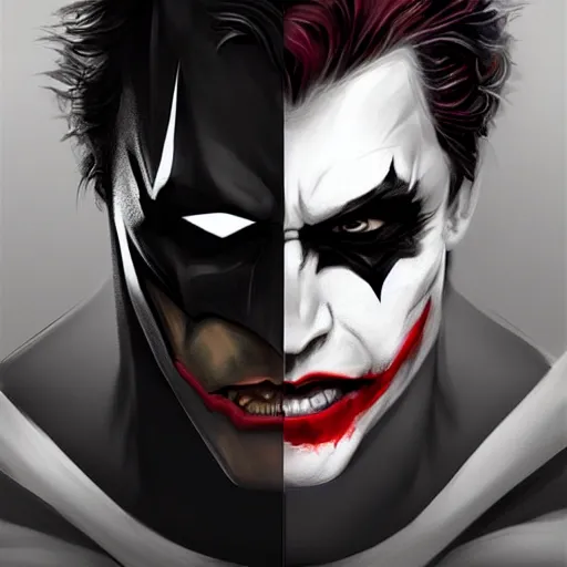 Image similar to half batman half joker face, digital painting, amazing detail, artstation, cgsociety, photorealistic