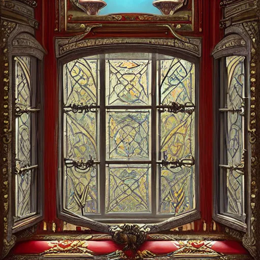 Image similar to digital illustration of a beautiful window open front view, complete window!, realistic, aesthetic, vintage frame window, ornate, russian style, colorful architectural drawing, a watercolor and matte painting by mark keathley and mandy jurgens and charlie bowater, cgsociety, artdeco, utopia art, bold colors, sci - fi, artstation hq