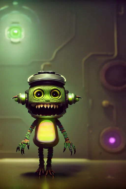 Prompt: a tiny cute cyberpunk monster with big eyes smiling waving, back view, isometric 3 d, ultra hd, character design by mark ryden pixar hayao miyazaki, unreal 5, daz, hyperrealistic, octane render, cosplay, rpg portrait, dynamic lighting, intricate detail, summer vibrancy, cinematic, symmetrically isometrically centered