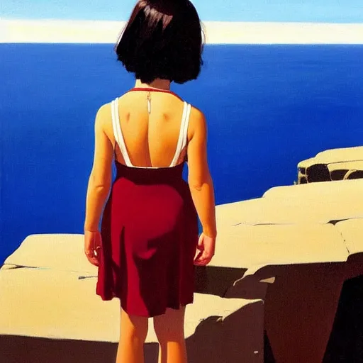 Image similar to asymmetrical, 6 year old girl kneels at edge of cliff facing a gigantic son, by jack vettriano,