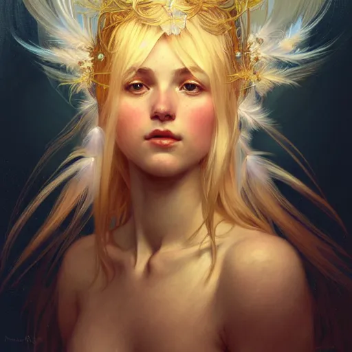 Image similar to A portrait of a blonde girl with a glowing halo surrounded by many delicate feathers, face, intricate, elegant, highly detailed, digital painting, artstation, concept art, smooth, sharp focus, illustration, art by Krenz Cushart and Artem Demura and alphonse mucha