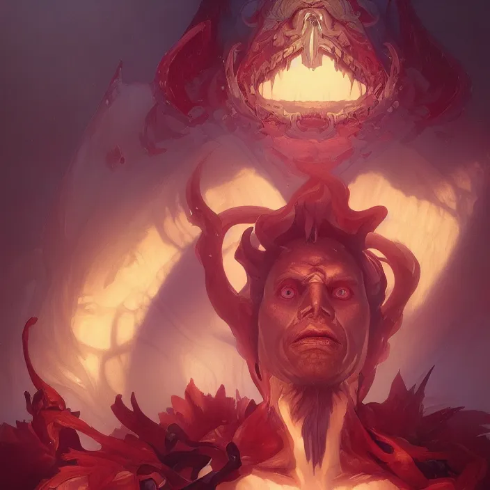 Image similar to excellent painted portrait of the grand demon tyrant, stylized dramatic lighting oil painting, symmetry, 8k resolution artwork, trending on artstation, octane render, art by artgerm and greg rutkowski and alphonse mucha and craig mullins and James Jean and Andrei Riabovitchev and Marc Simonetti and peter mohrbacher