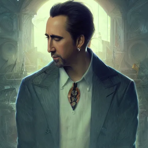 Image similar to portrait of cyperpunk Nicholas cage, fantasy, intricate, elegant, highly detailed, digital painting, artstation, concept art, smooth, sharp focus, illustration, art by artgerm and greg rutkowski and alphonse mucha