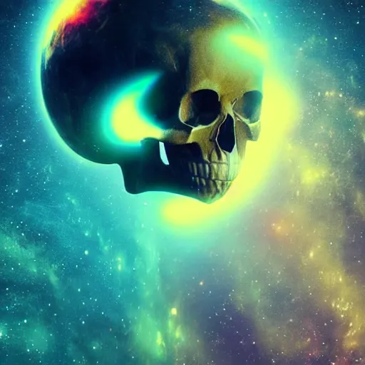 Image similar to planet shaped like a skull, colorful, glow, energy, galaxy, ethereal, cinematic, epic, 8k, ultra detailed, Artstation, Trending on Artstation, Artstation HQ, Artstation HD, deviant art, Pinterest, digital art,